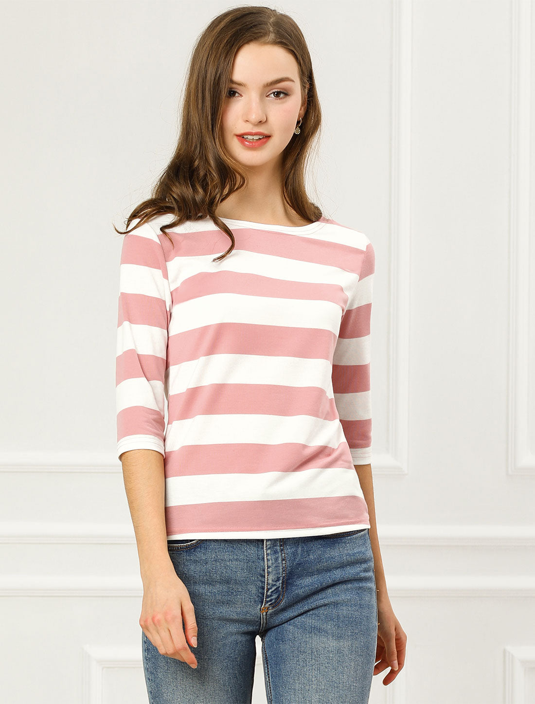Striped 3/4 Sleeve Casual Basic Boat Neck T-shirt