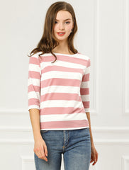 Striped 3/4 Sleeve Casual Basic Boat Neck T-shirt