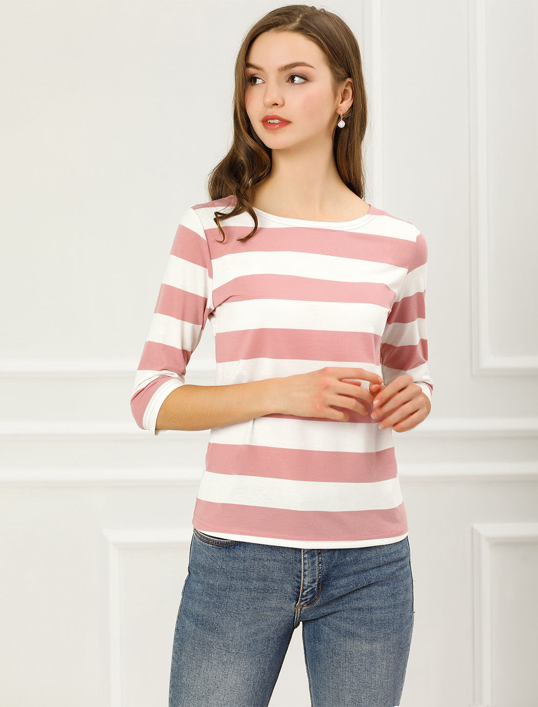 Striped 3/4 Sleeve Casual Basic Boat Neck T-shirt