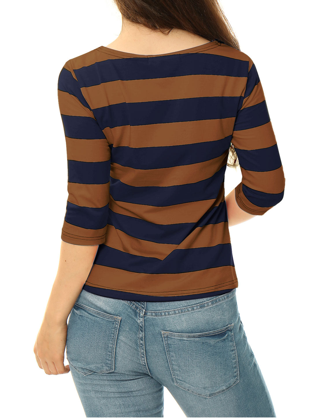 Striped 3/4 Sleeve Casual Basic Boat Neck T-shirt