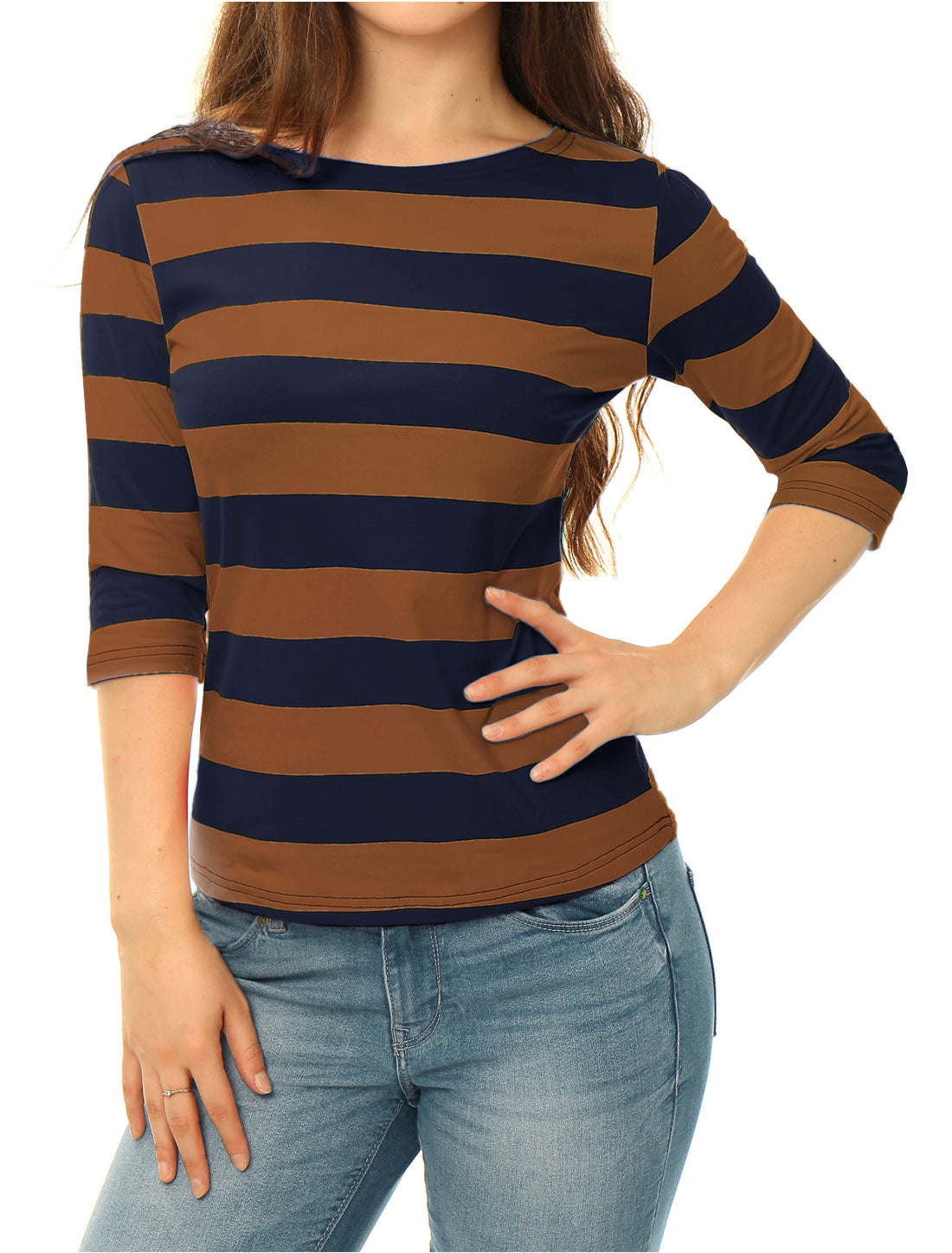 Striped 3/4 Sleeve Casual Basic Boat Neck T-shirt