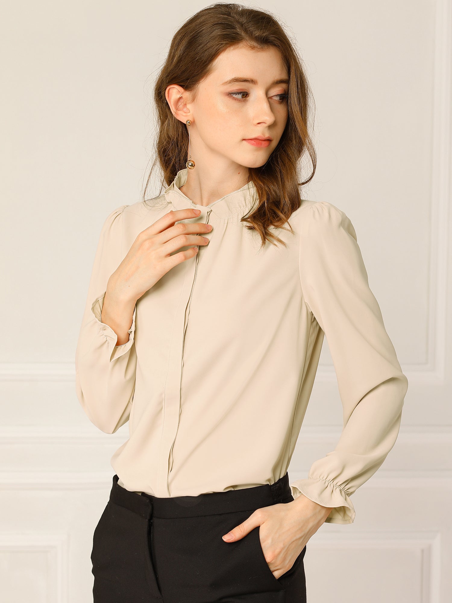 Work Office Blouse Button Up Ruffle Collar Long Sleeve Chiffon Shirt