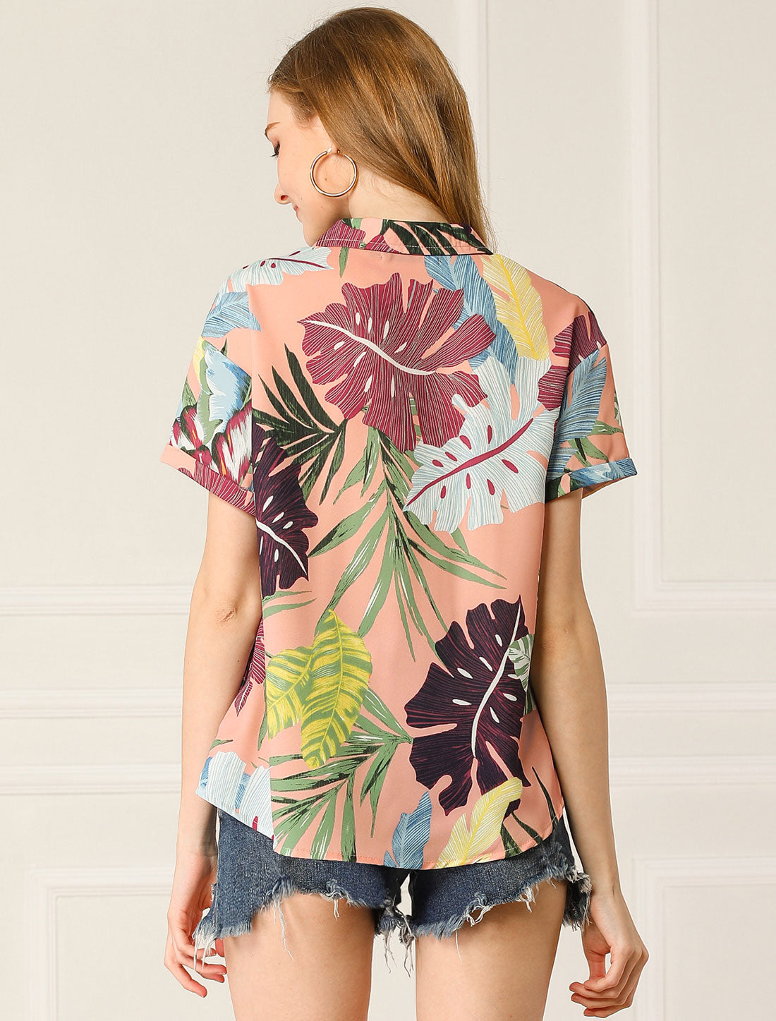 Hawaiian Tropical Leaves Floral Short Sleeve Button Down Shirt
