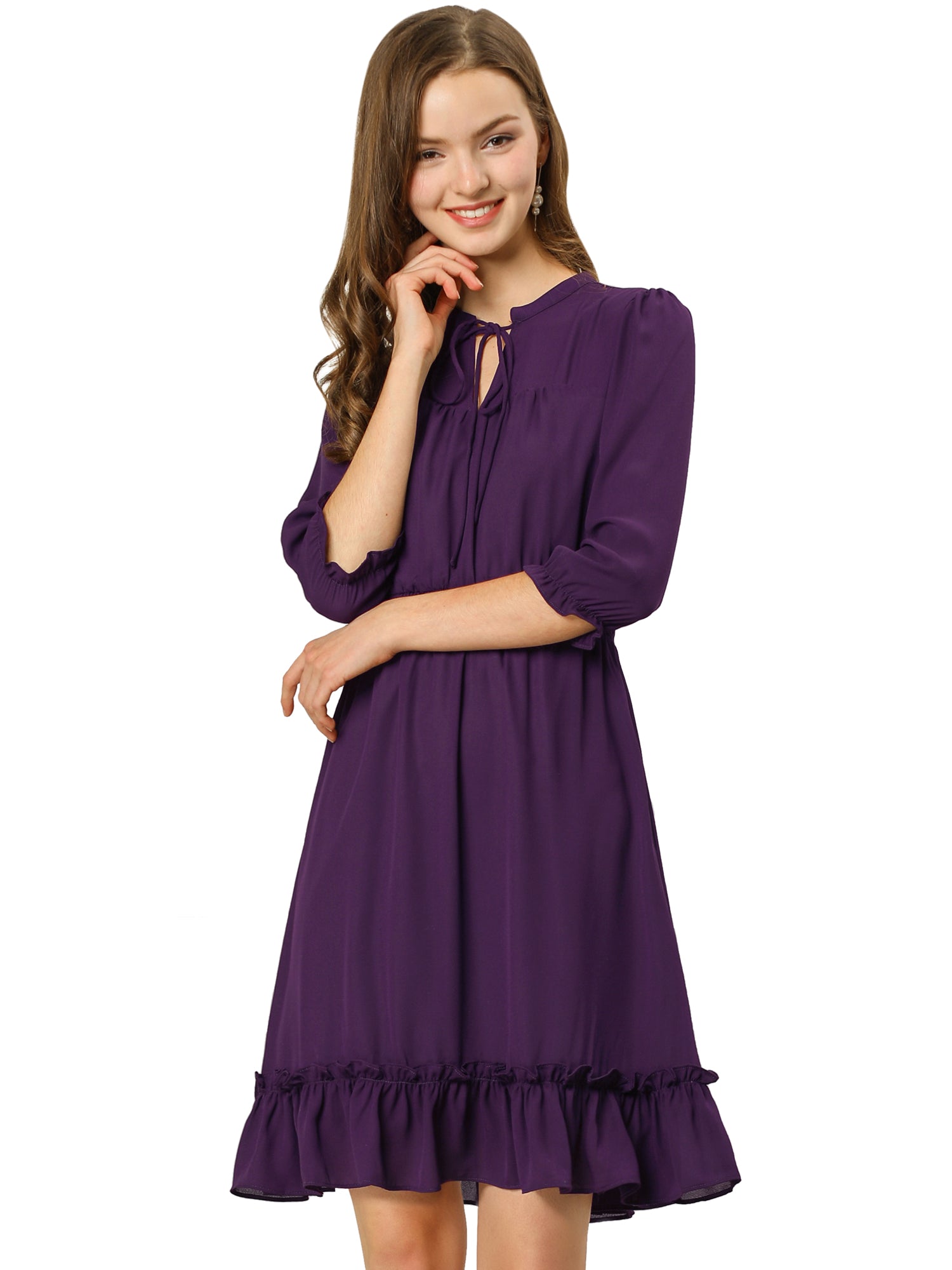 Ruffle Hem 3/4 Sleeve A-Line Smocked Midi Chiffon Dress