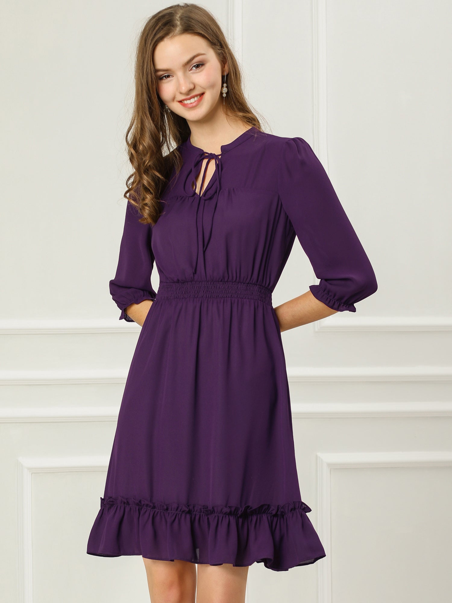 Ruffle Hem 3/4 Sleeve A-Line Smocked Midi Chiffon Dress