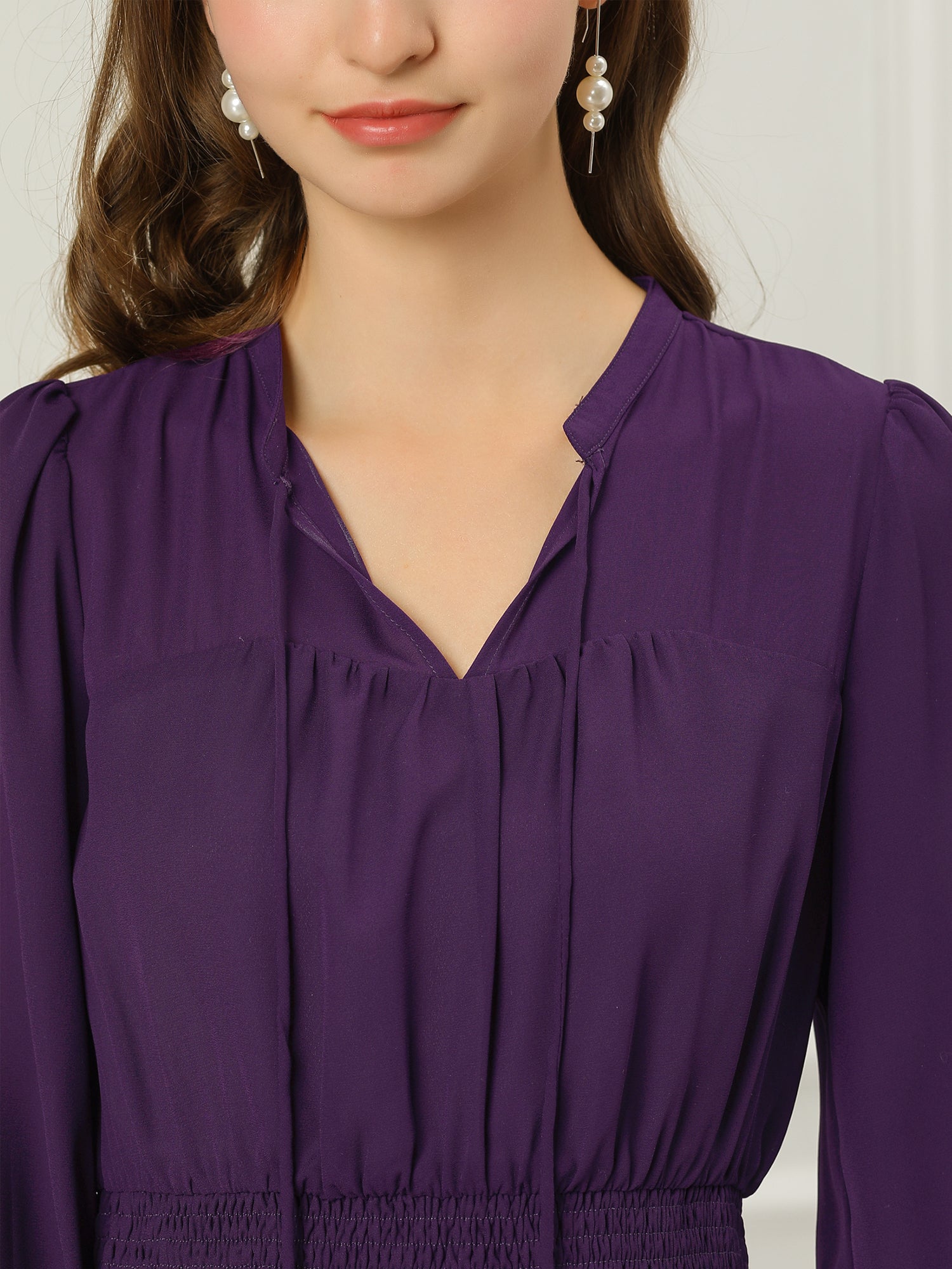 Ruffle Hem 3/4 Sleeve A-Line Smocked Midi Chiffon Dress