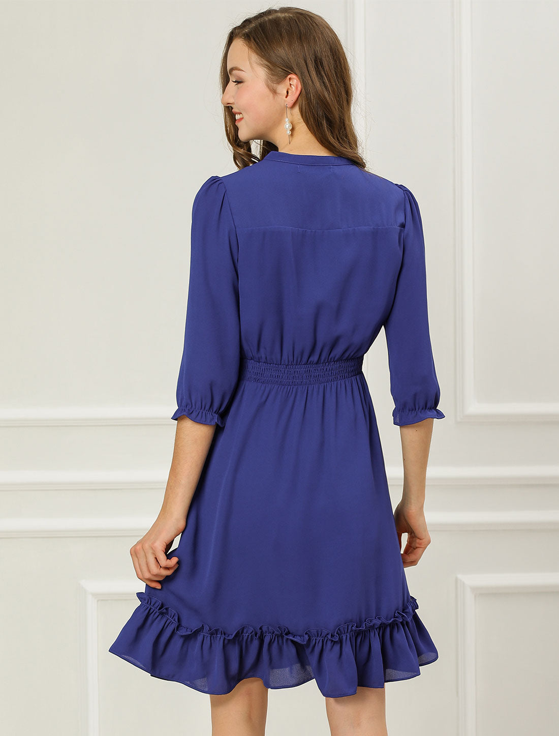 Ruffle Hem 3/4 Sleeve A-Line Smocked Midi Chiffon Dress