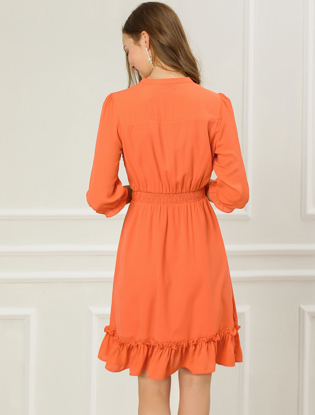 Ruffle Hem 3/4 Sleeve A-Line Smocked Midi Chiffon Dress