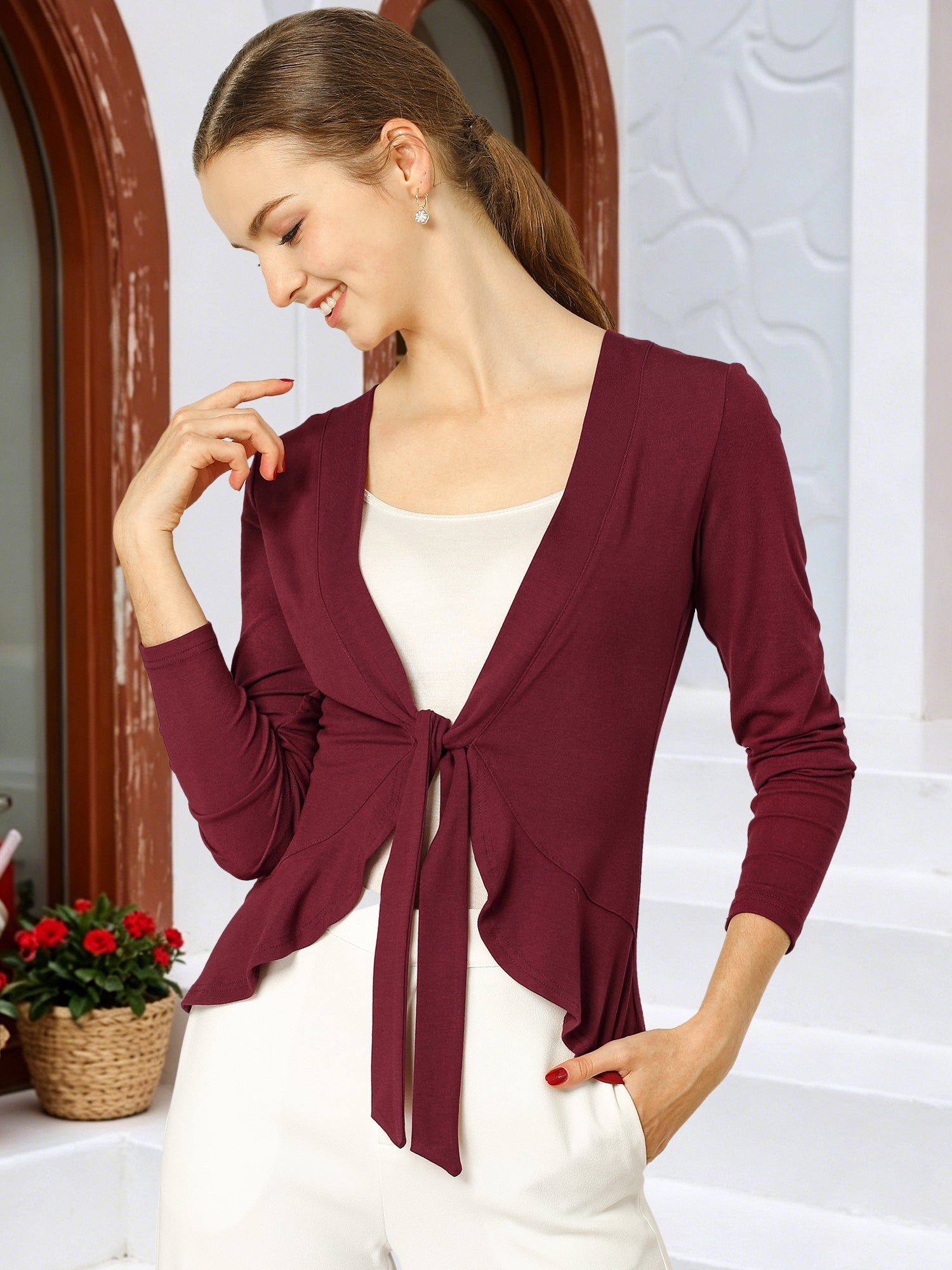 Women's Tie Front Knit Ruffled Long Sleeve Open Cardigan