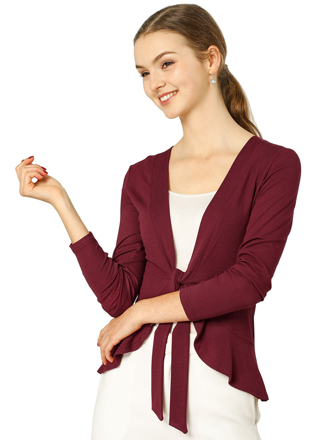 Women's Tie Front Knit Ruffled Long Sleeve Open Cardigan