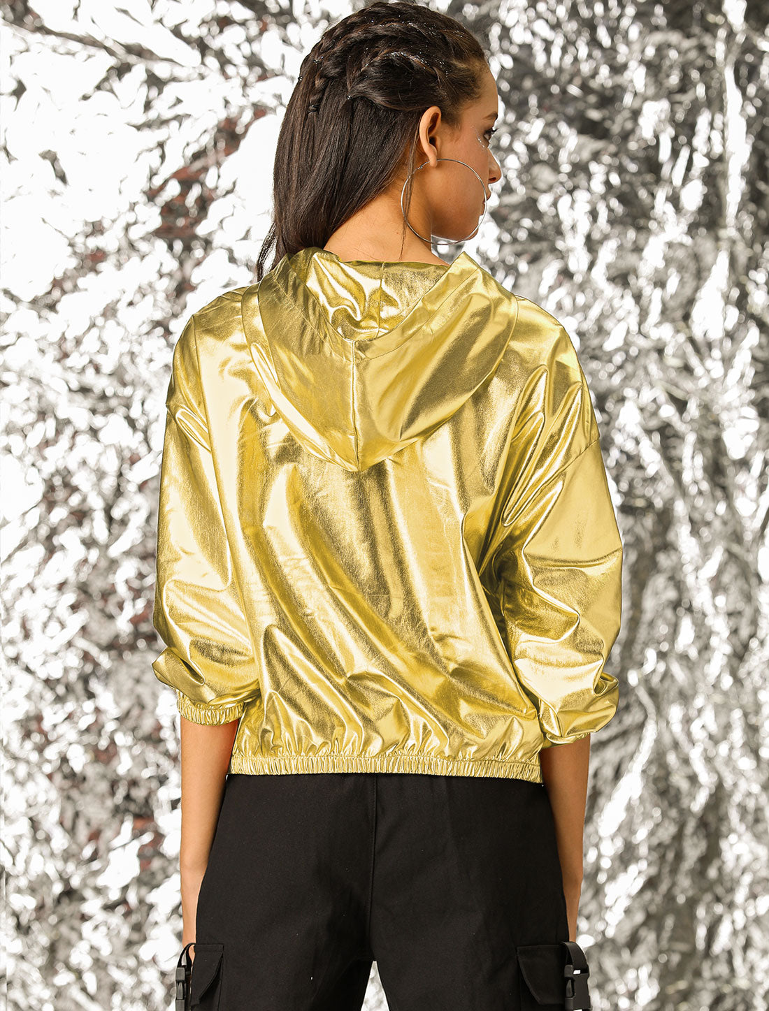 Holographic Party Shiny Lightweight Zipper Hooded Metallic Jacket