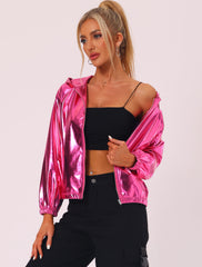 Holographic Party Shiny Lightweight Zipper Hooded Metallic Jacket