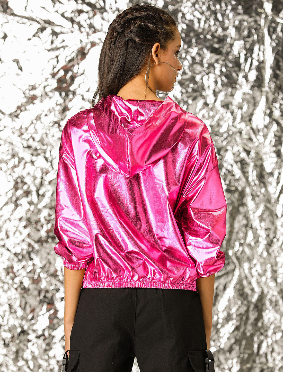 Holographic Party Shiny Lightweight Zipper Hooded Metallic Jacket