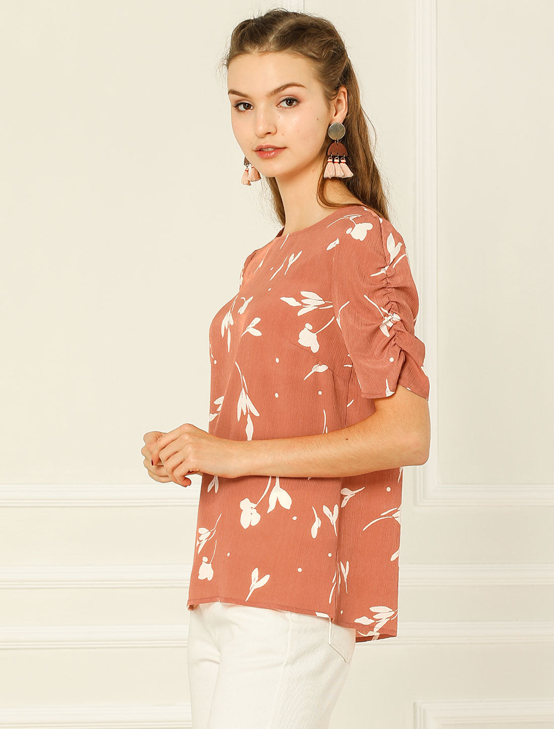 Floral Crew Neck Ruched Sleeve Casual Blouse