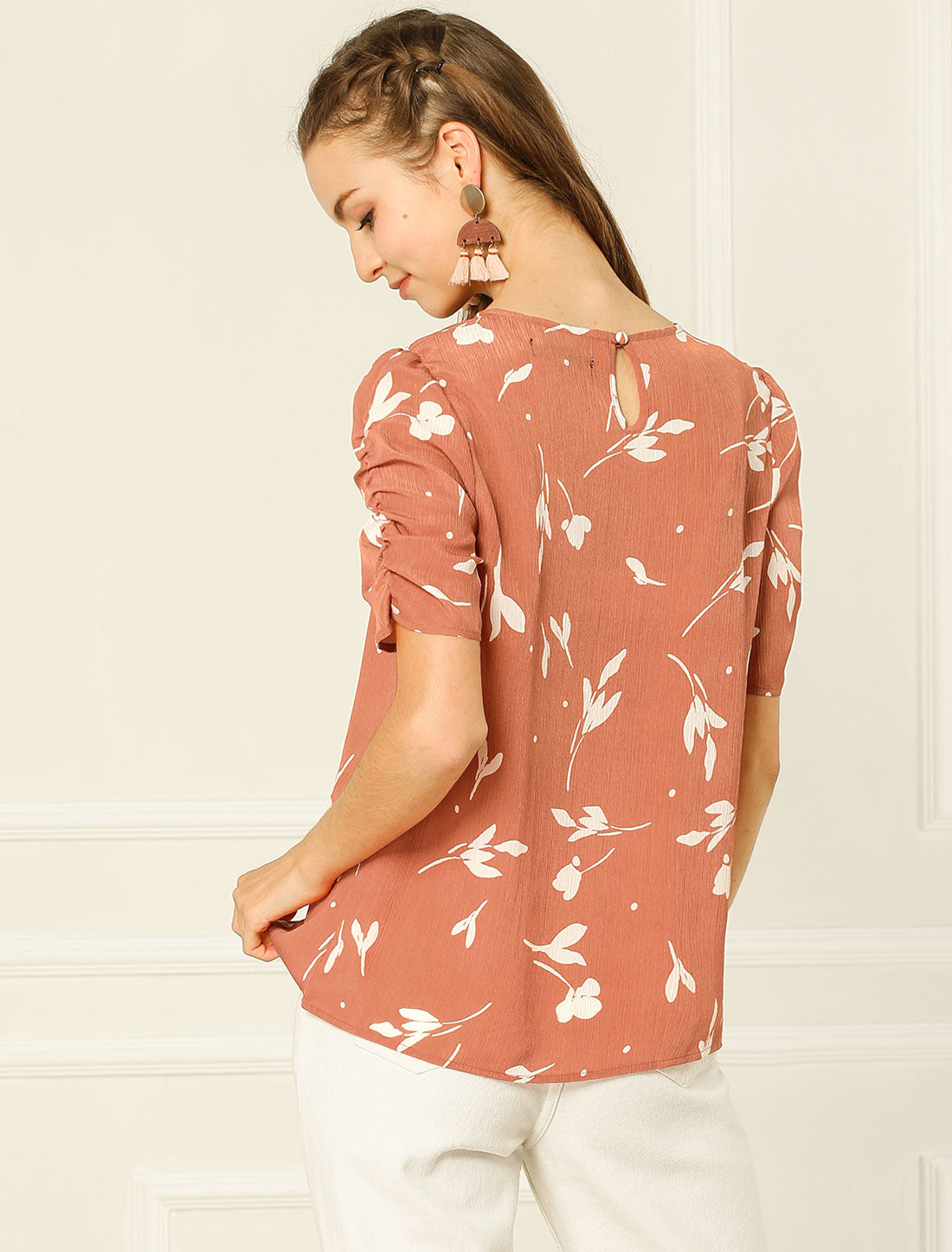 Floral Crew Neck Ruched Sleeve Casual Blouse