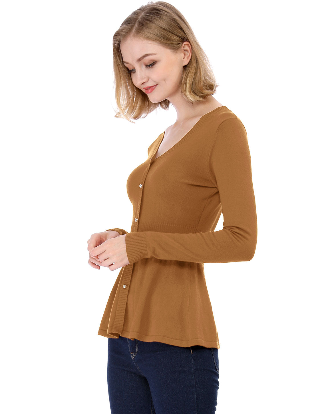 V Neck Long Sleeve Ribbed Pullover Knitted Peplum Top