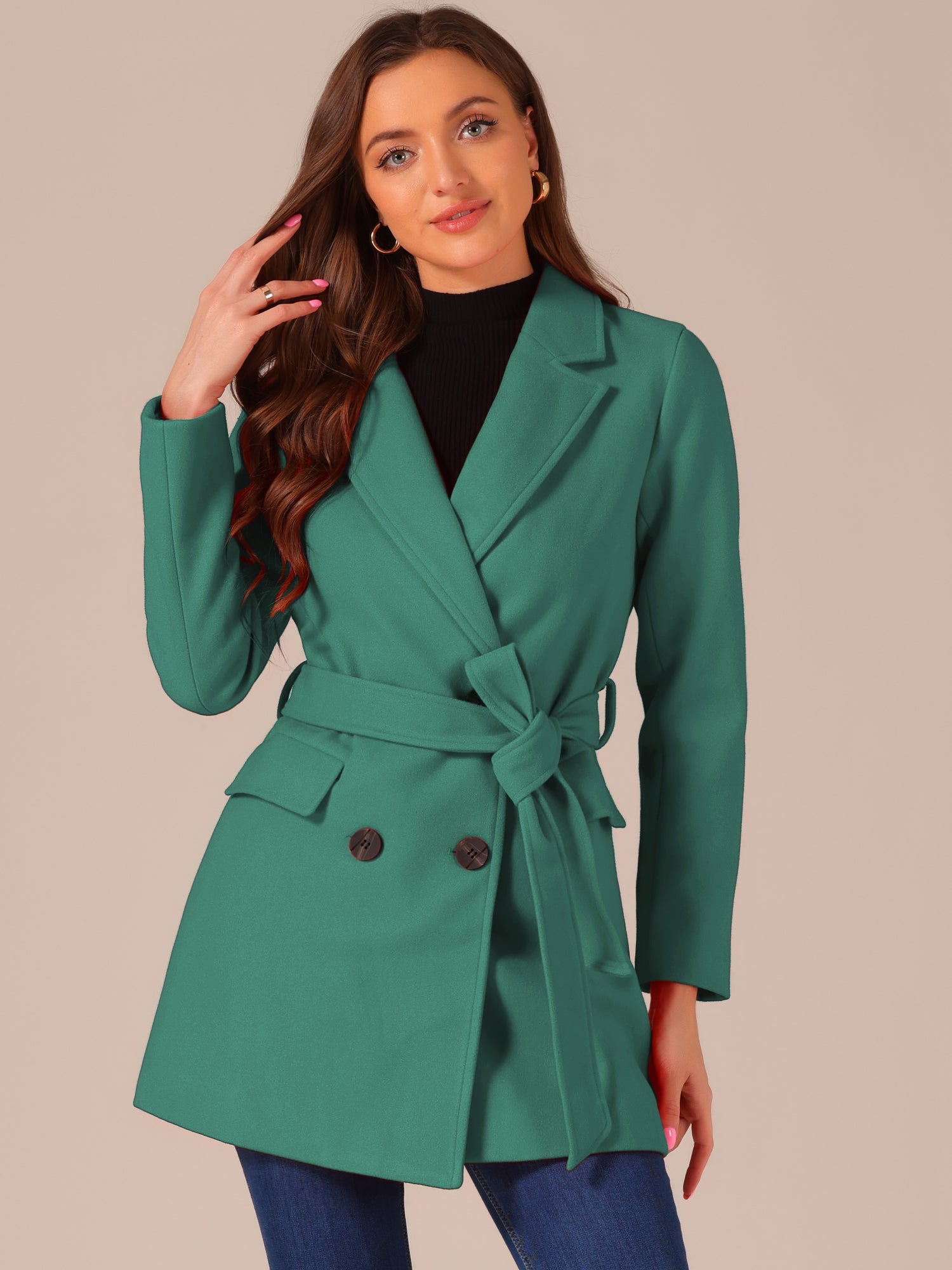 Notch Lapel Double Breasted Belted Mid Long Outwear Winter Coat