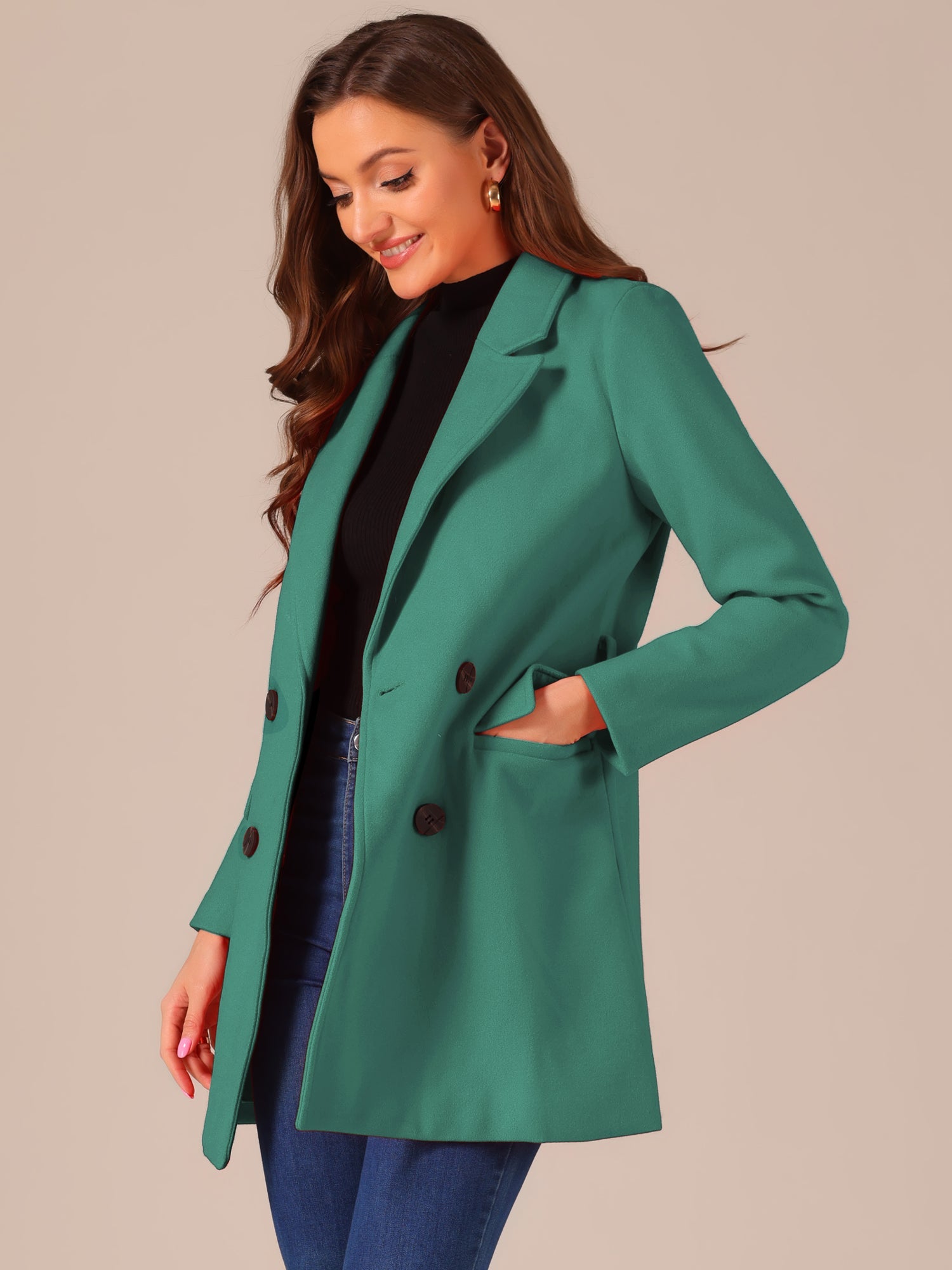 Notch Lapel Double Breasted Belted Mid Long Outwear Winter Coat