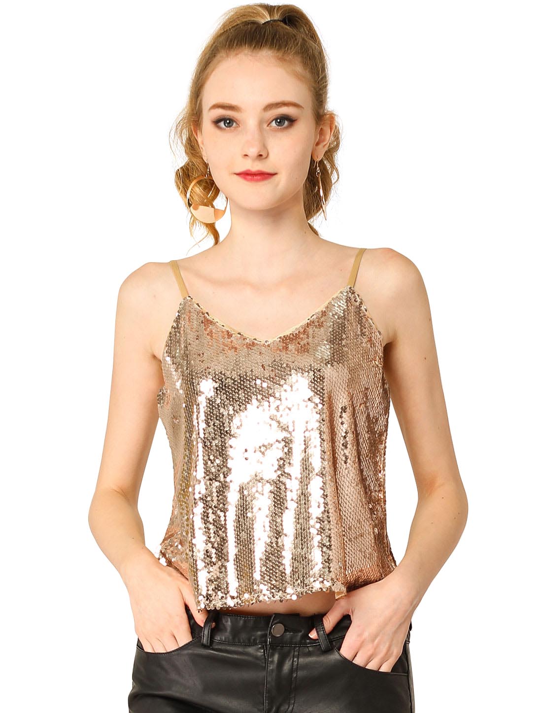 Sequined Camisole Club Party Glitter Disco Sparkle Cami Top