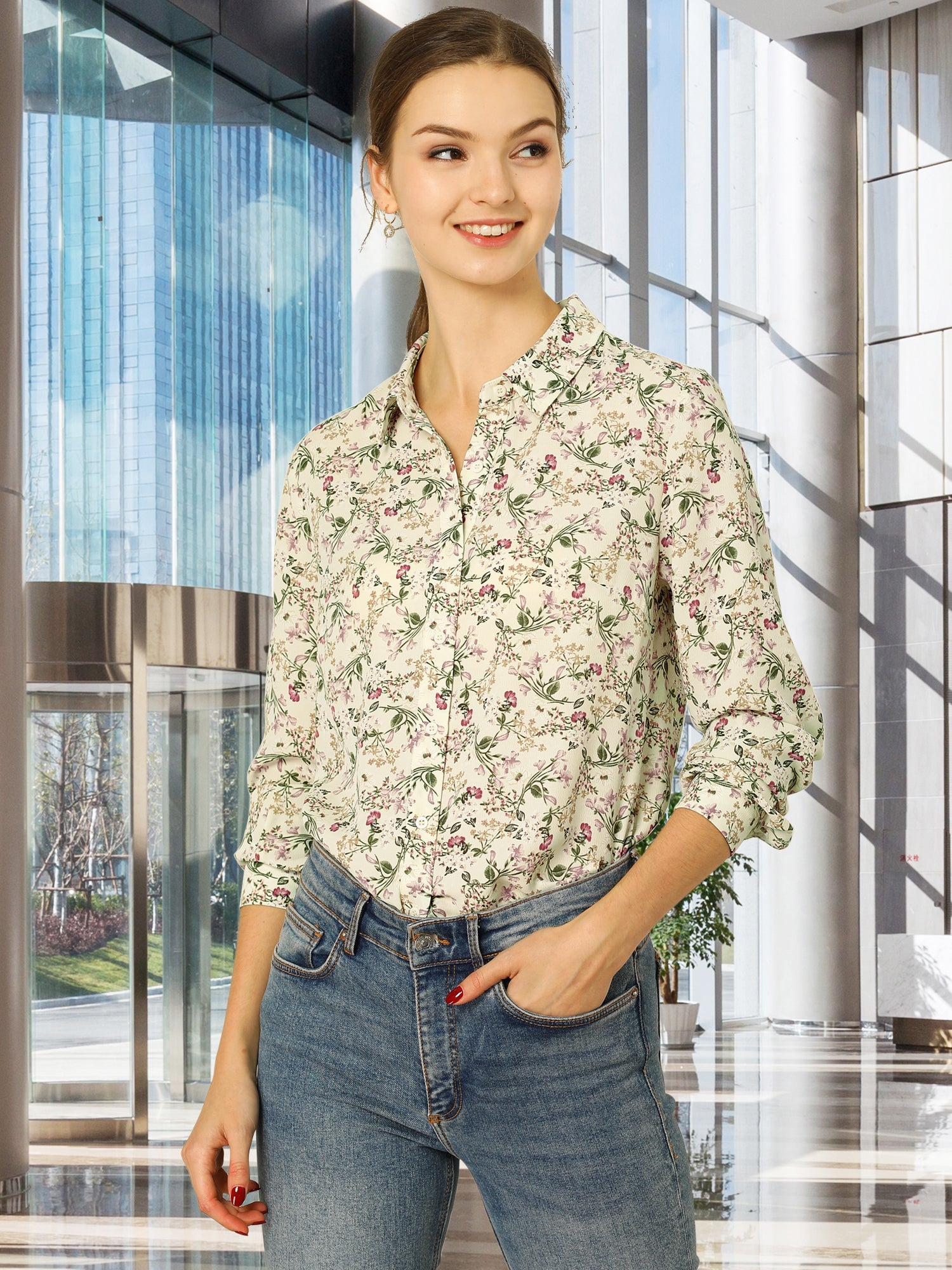 Button Down Floral Shirt Blouse Long Sleeve Point Collar Top