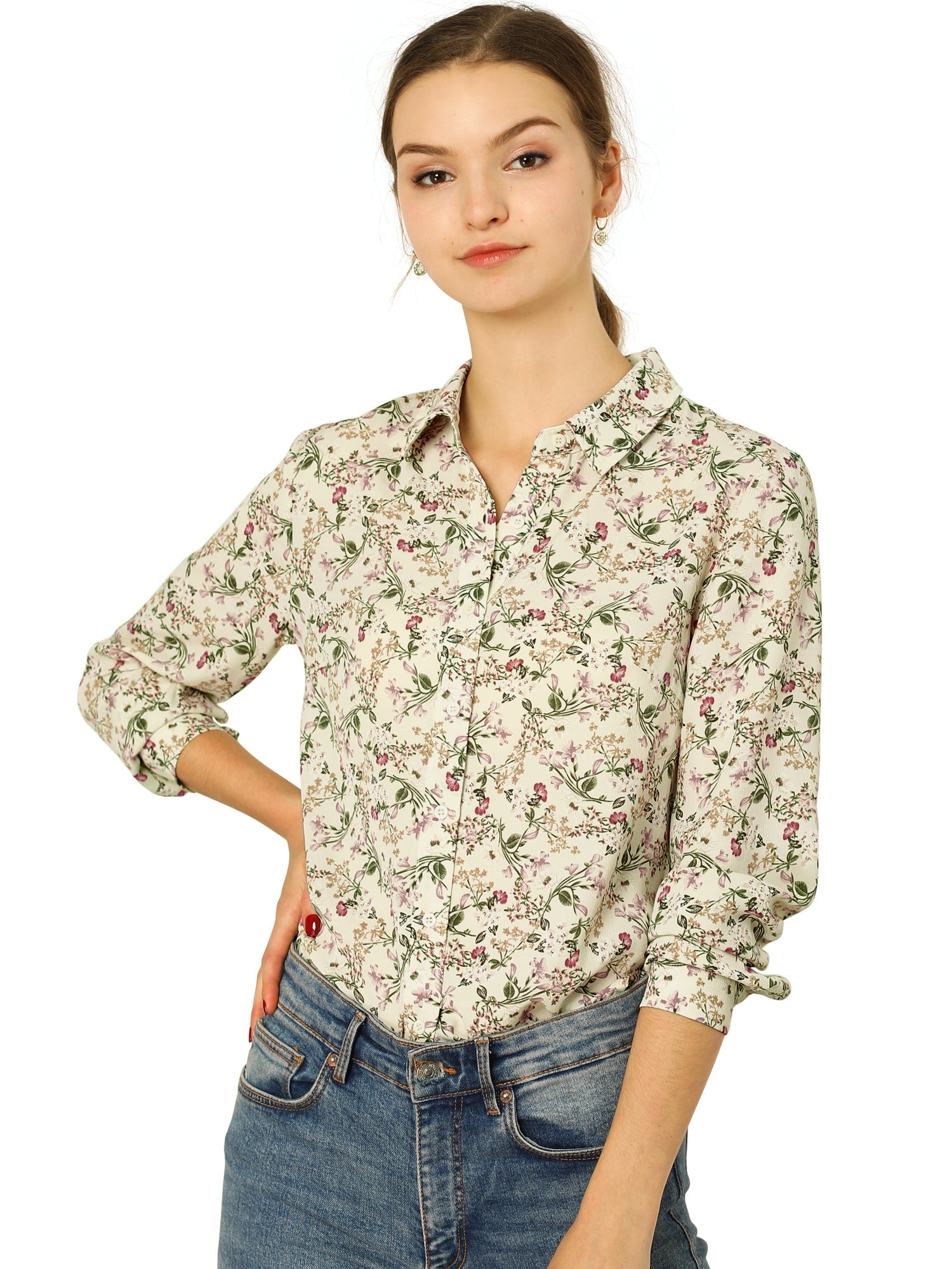 Button Down Floral Shirt Blouse Long Sleeve Point Collar Top
