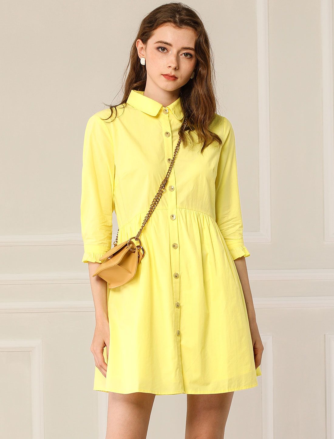 Ruched 3/4 Sleeve Button Up Casual Mini Shirt Dress