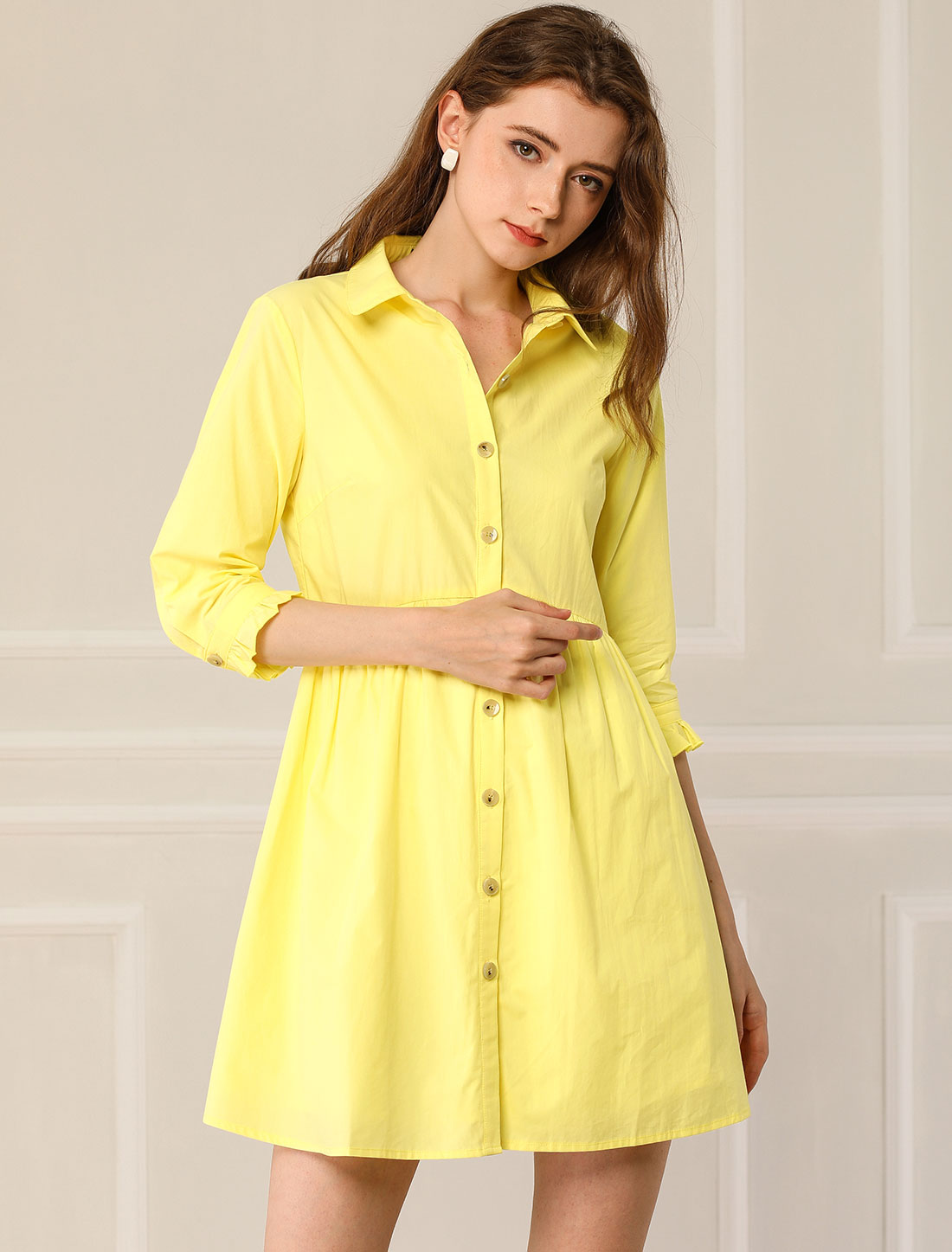 Ruched 3/4 Sleeve Button Up Casual Mini Shirt Dress