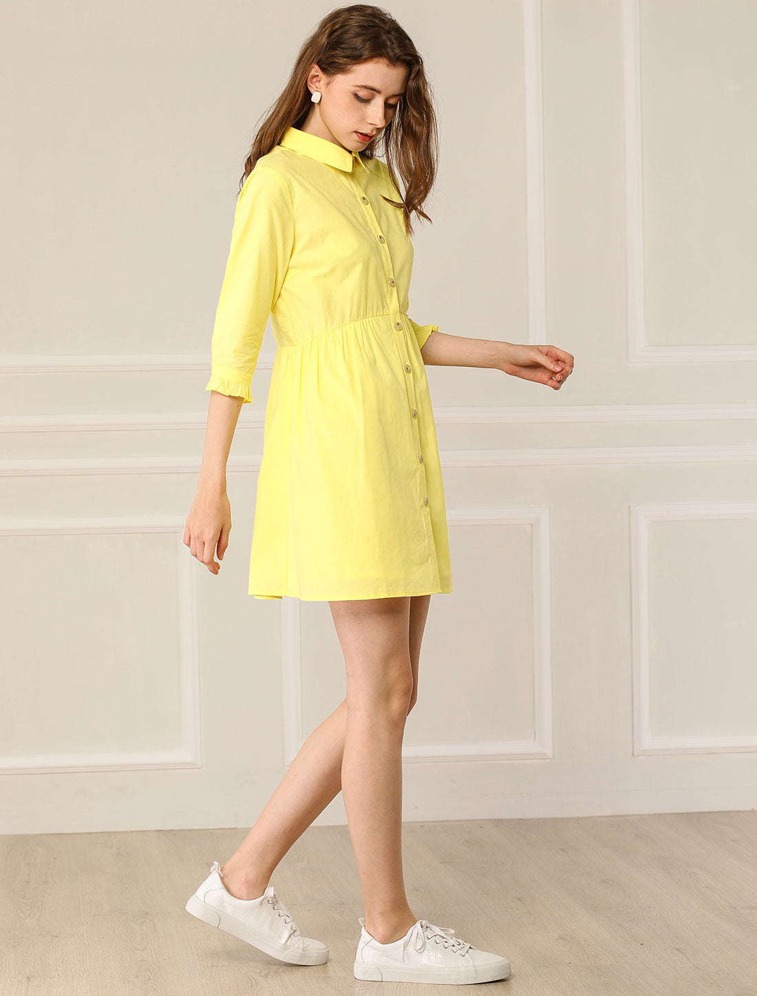 Ruched 3/4 Sleeve Button Up Casual Mini Shirt Dress