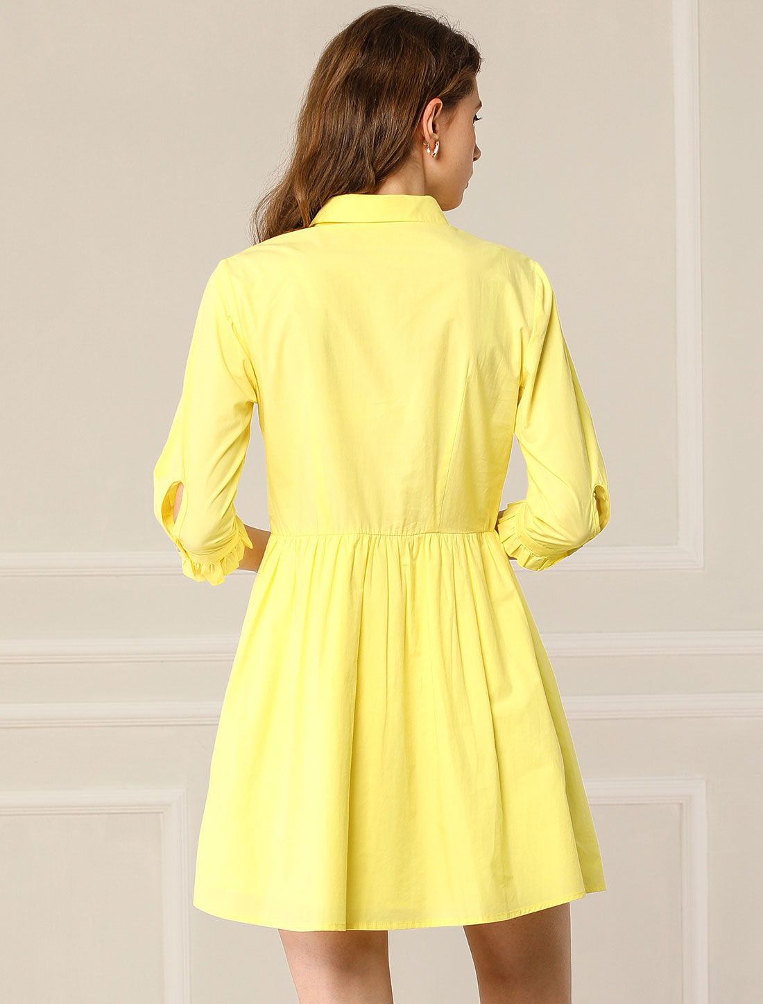 Ruched 3/4 Sleeve Button Up Casual Mini Shirt Dress