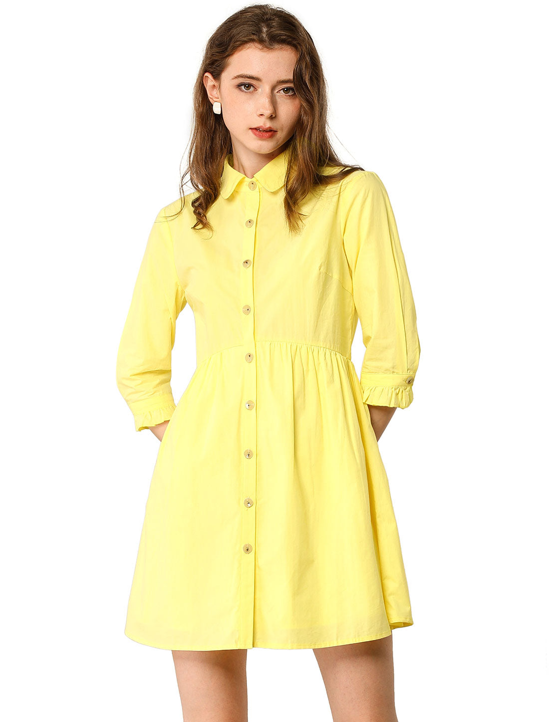 Ruched 3/4 Sleeve Button Up Casual Mini Shirt Dress