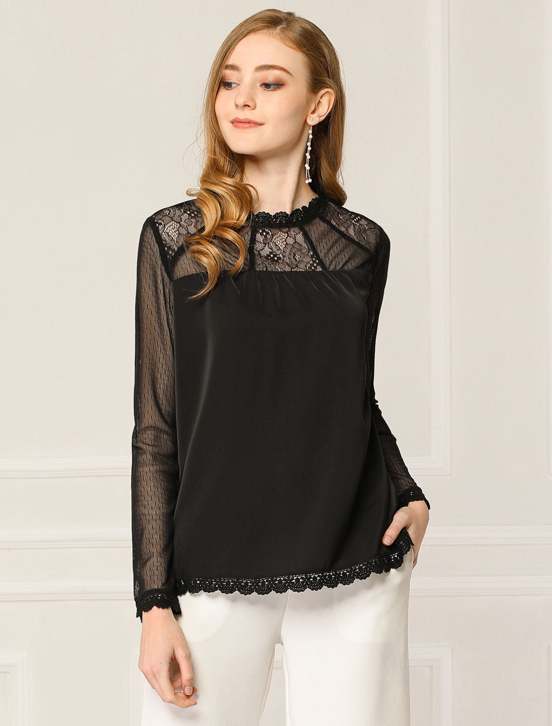 Lace Mesh Long Sleeve Top Round Neck Casual Elegant Blouse