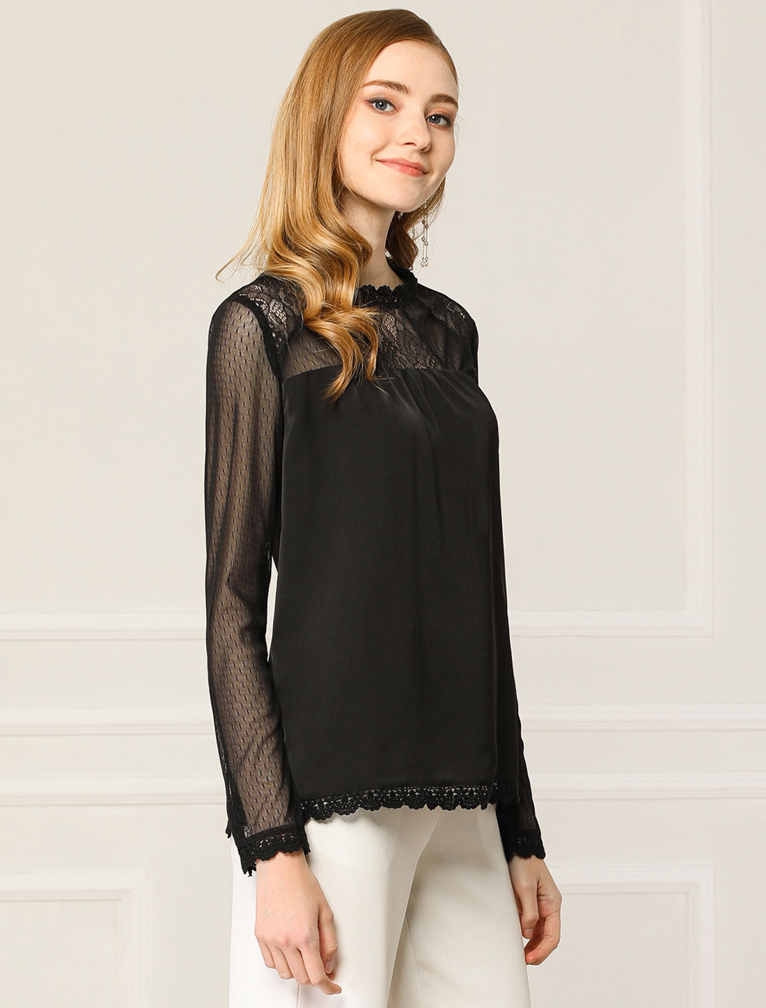 Lace Mesh Long Sleeve Top Round Neck Casual Elegant Blouse