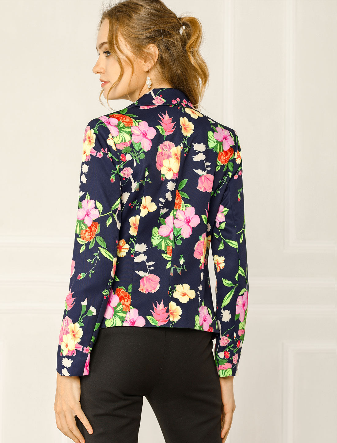 Open Front Notch Lapel Floral Business Casual Suit Blazer