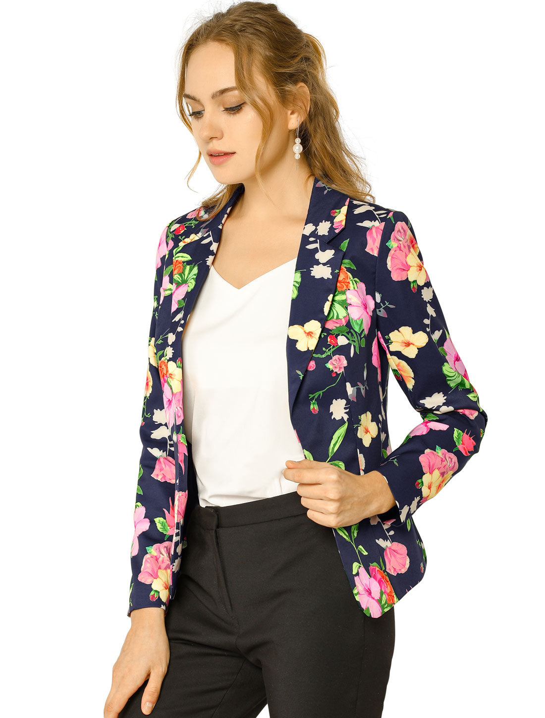 Open Front Notch Lapel Floral Business Casual Suit Blazer