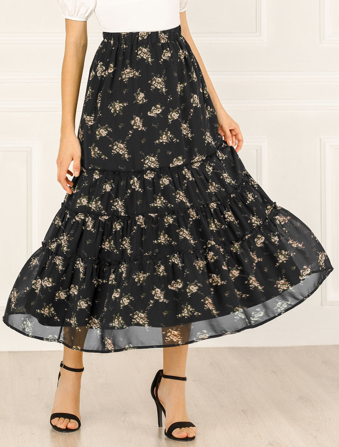 Ruffle Boho Chiffon Floral Printed Long Tiered Midi Skirt