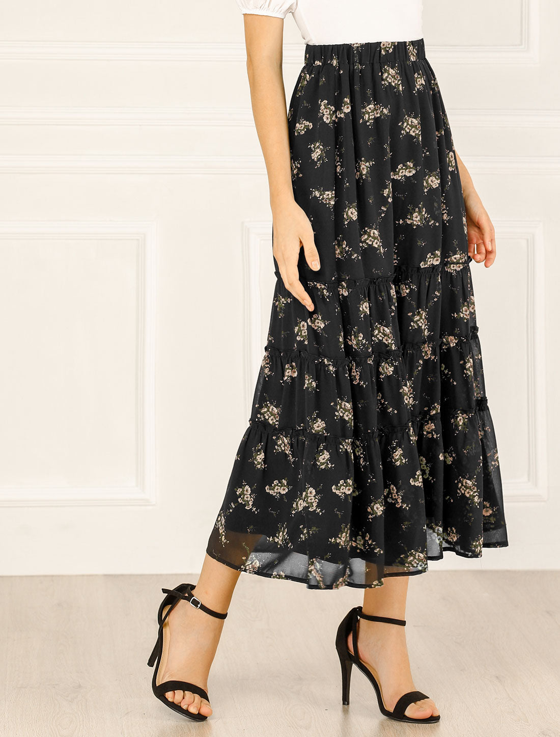 Ruffle Boho Chiffon Floral Printed Long Tiered Midi Skirt