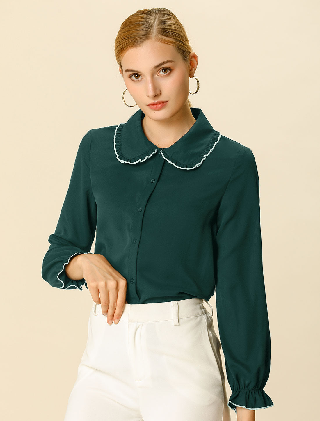 Sweet Ruffle Peter Pan Collar Long Sleeve Button Up Shirt
