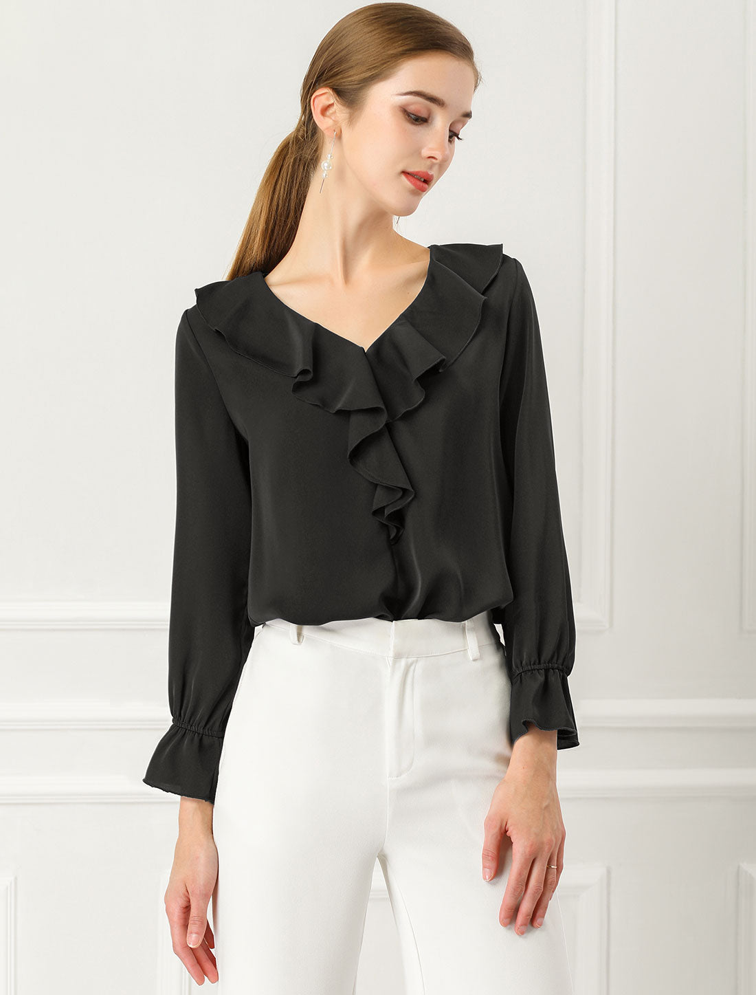 Ruffle Neck Gathered Cuff Long Sleeves Blouse
