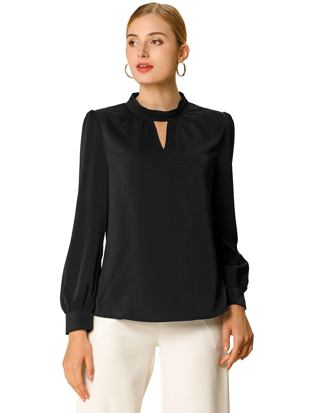 Keyhole Elegant Stand Collar Long Sleeve Chiffon Office Blouse