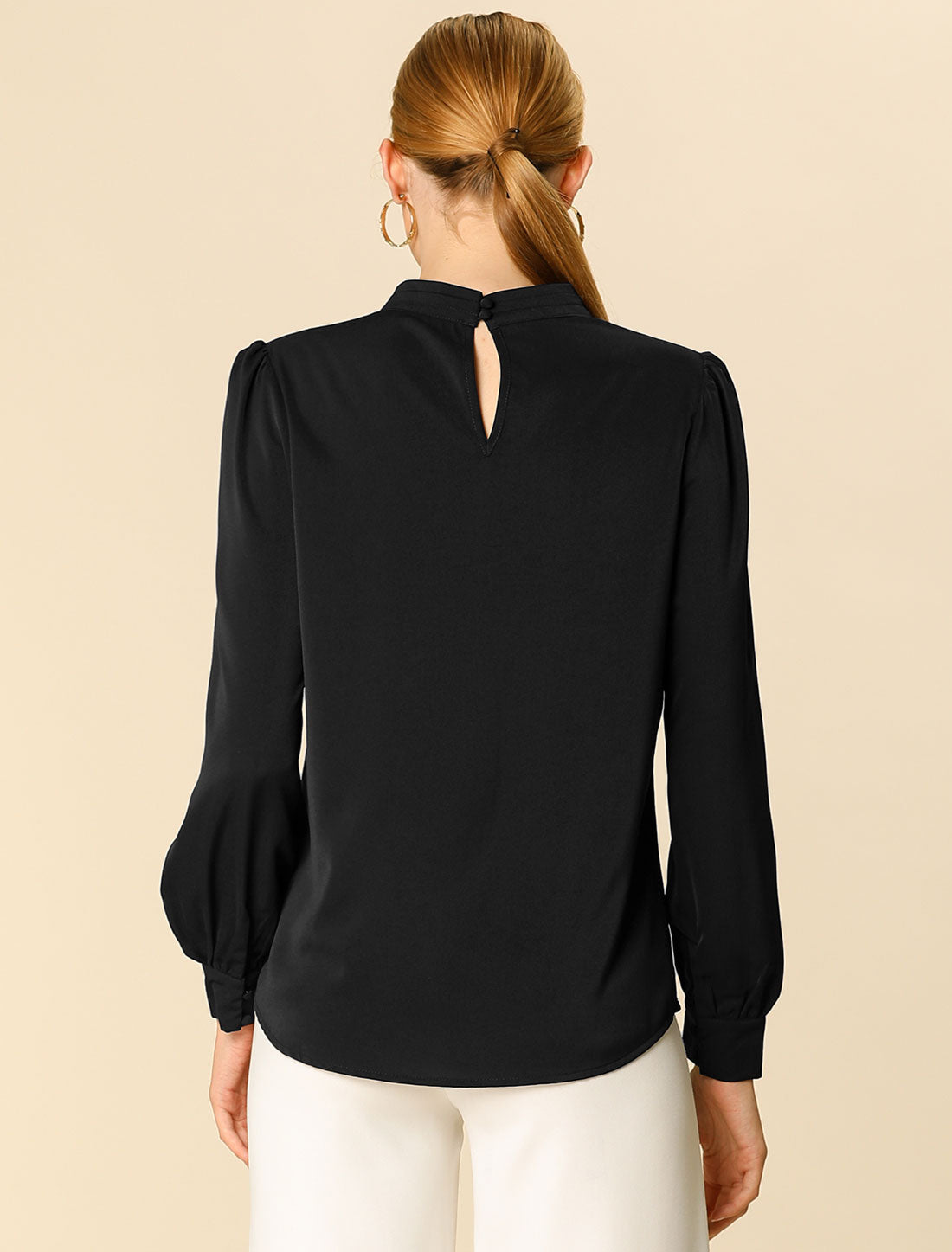Keyhole Elegant Stand Collar Long Sleeve Chiffon Office Blouse