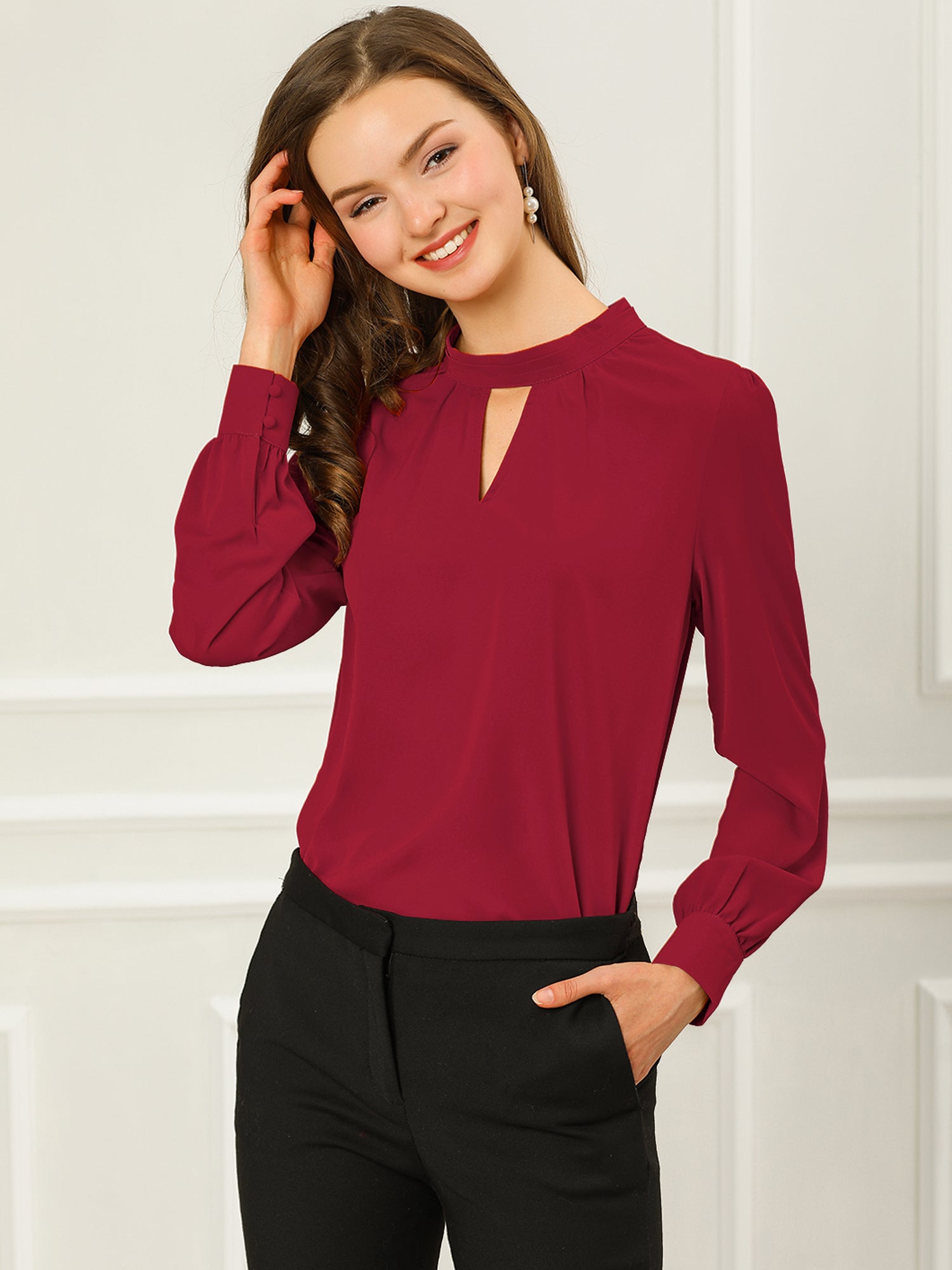 Keyhole Elegant Stand Collar Long Sleeve Chiffon Office Blouse