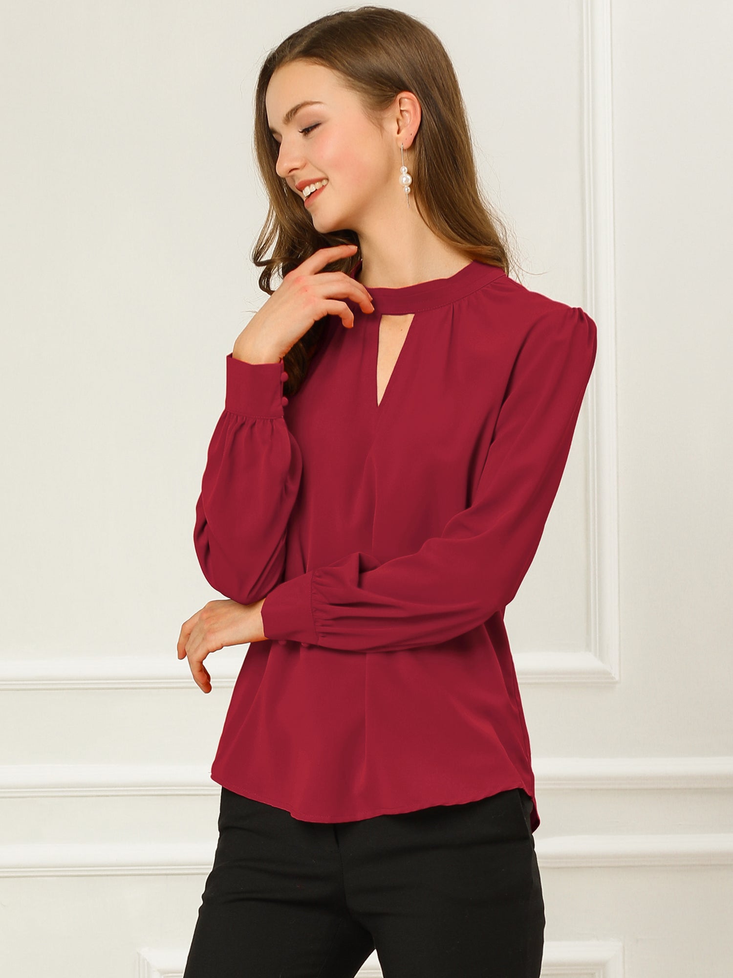 Keyhole Elegant Stand Collar Long Sleeve Chiffon Office Blouse
