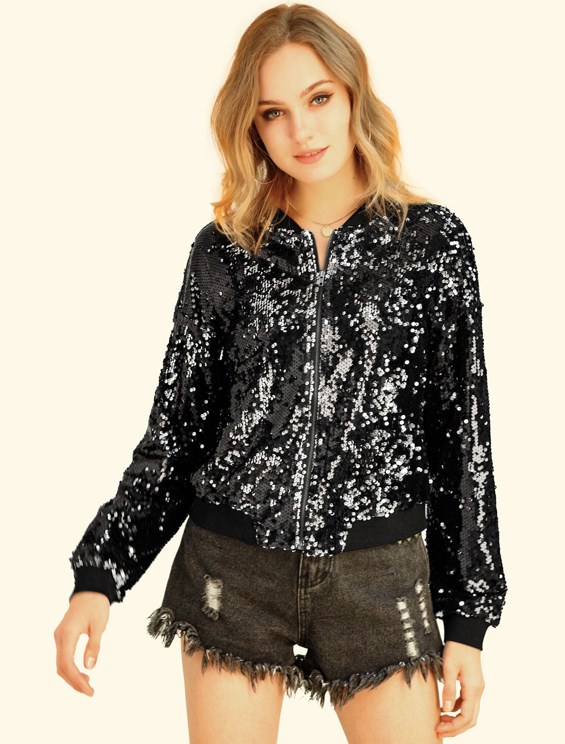 Sequin Sparkle Party Long Sleeve Zipper Bomber Jacket