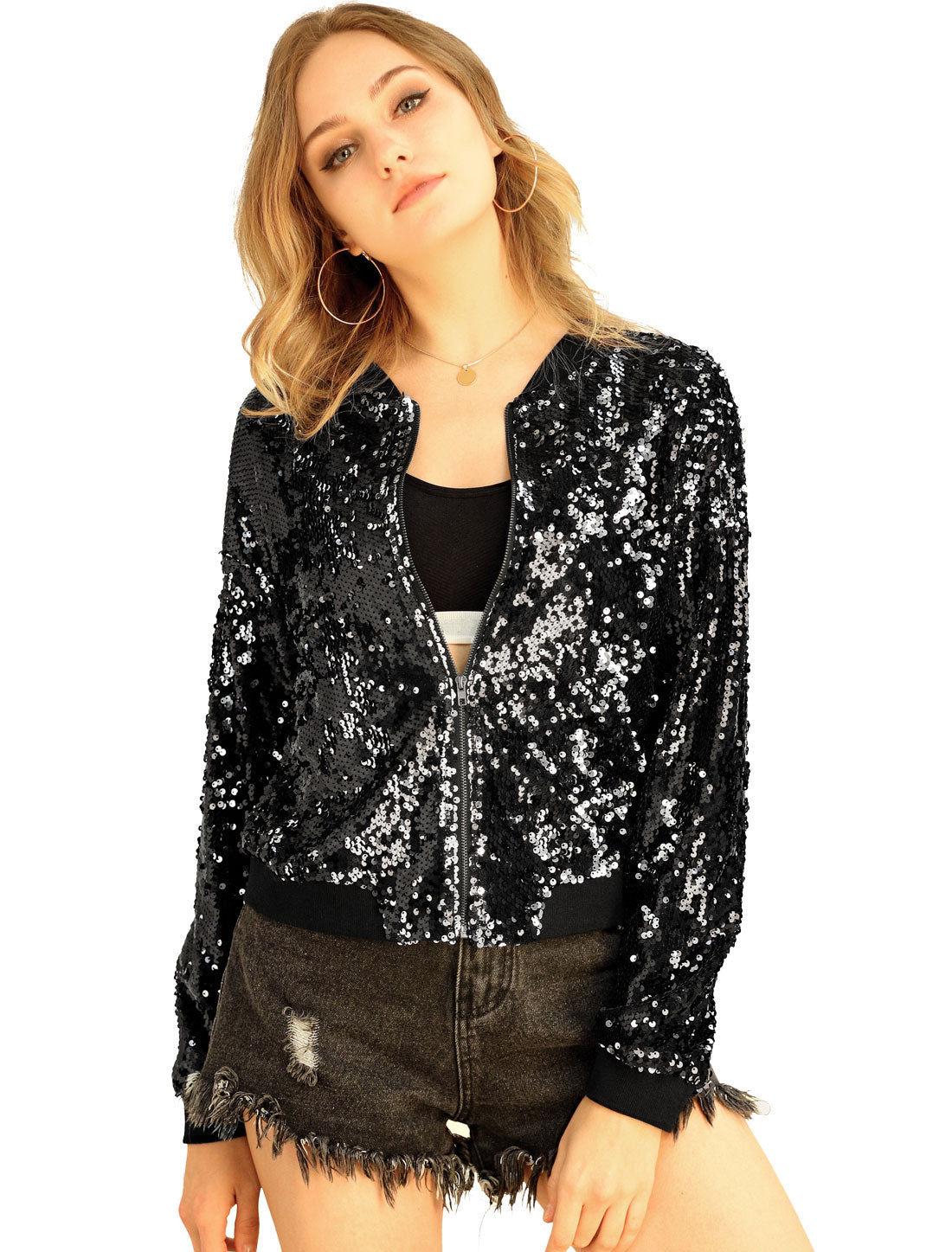 Sequin Sparkle Party Long Sleeve Zipper Bomber Jacket