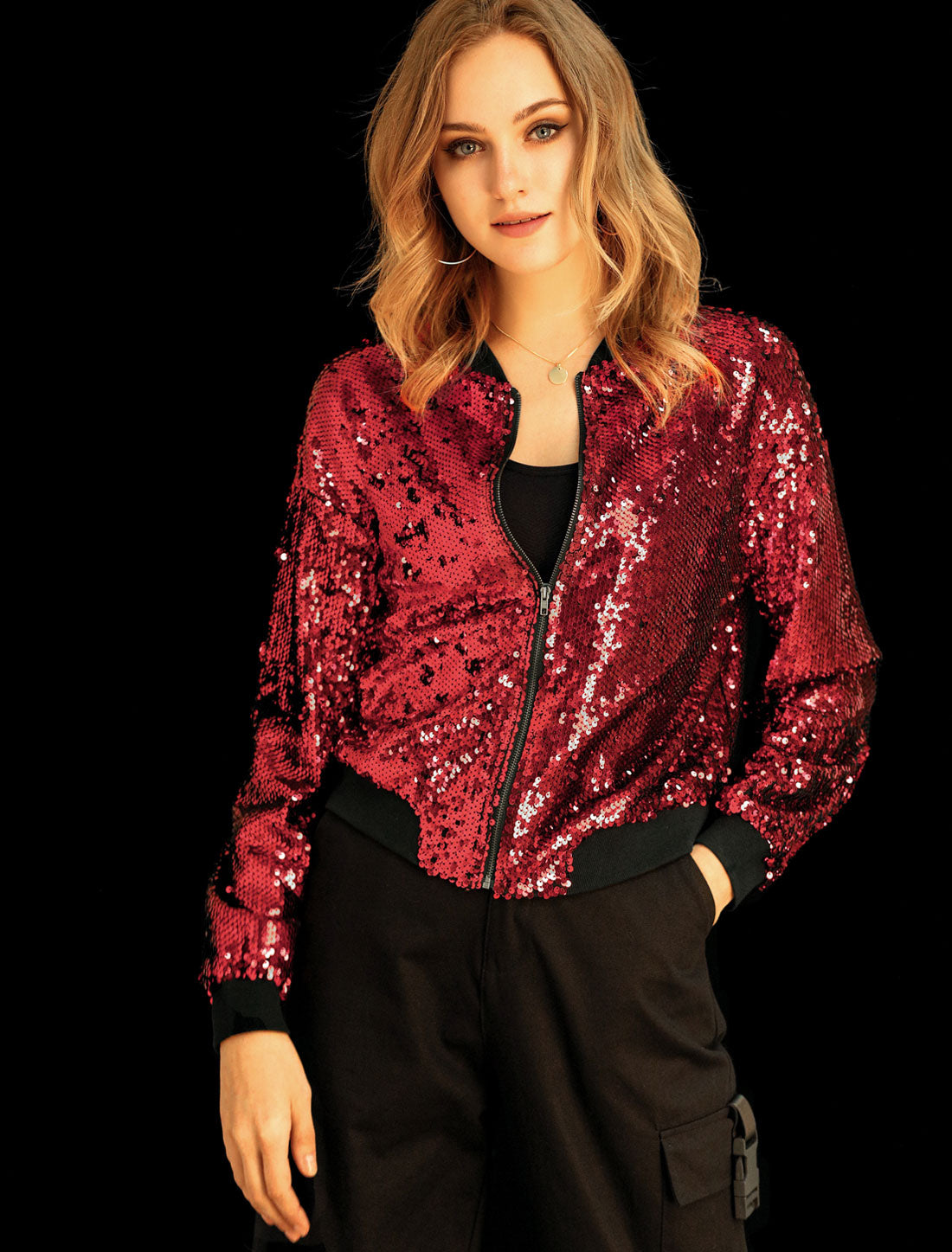 Sequin Sparkle Party Long Sleeve Zipper Bomber Jacket