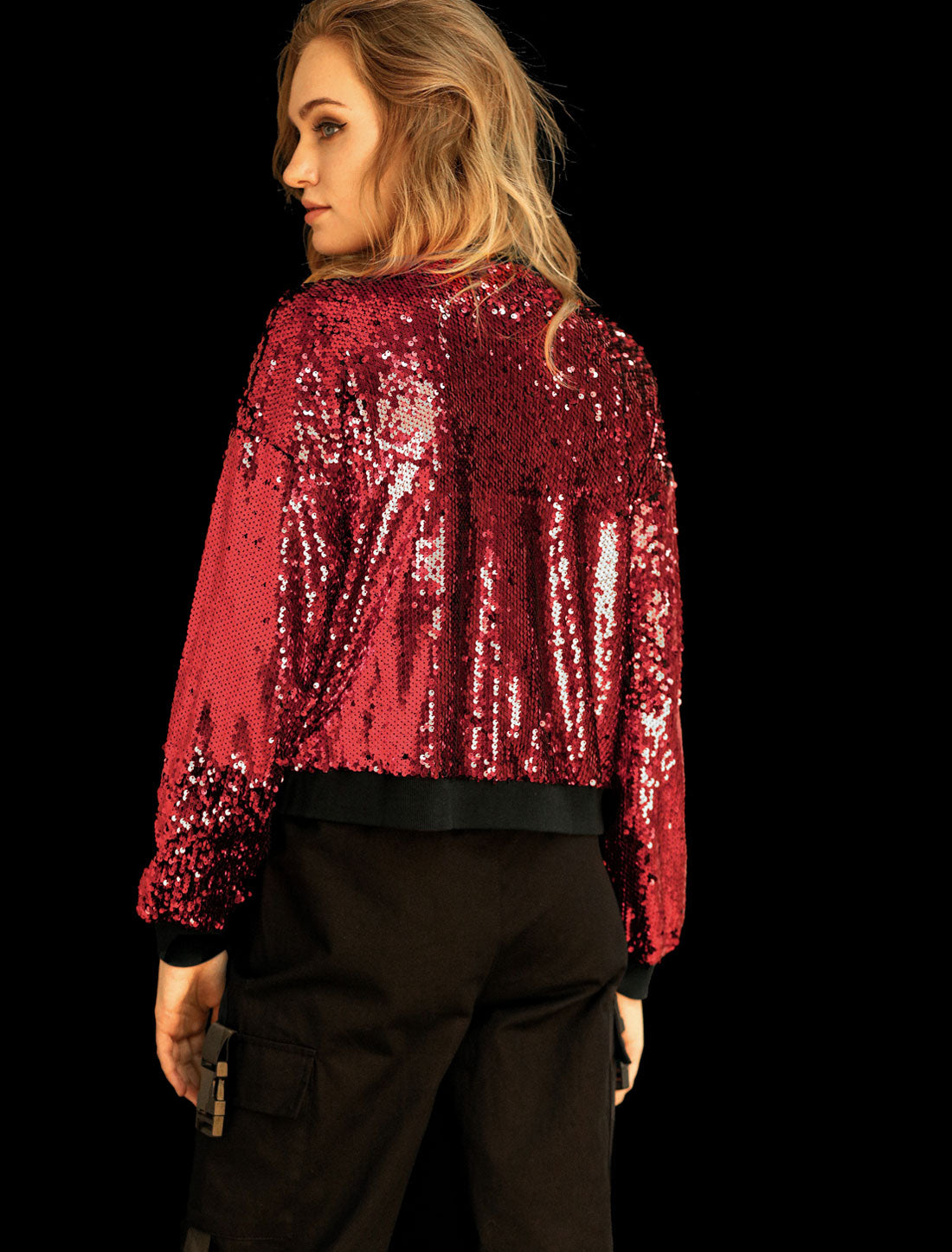 Sequin Sparkle Party Long Sleeve Zipper Bomber Jacket