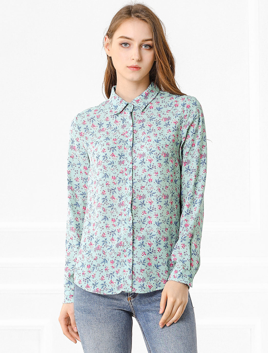 Button Down Floral Long Sleeve Point Collar Blouse