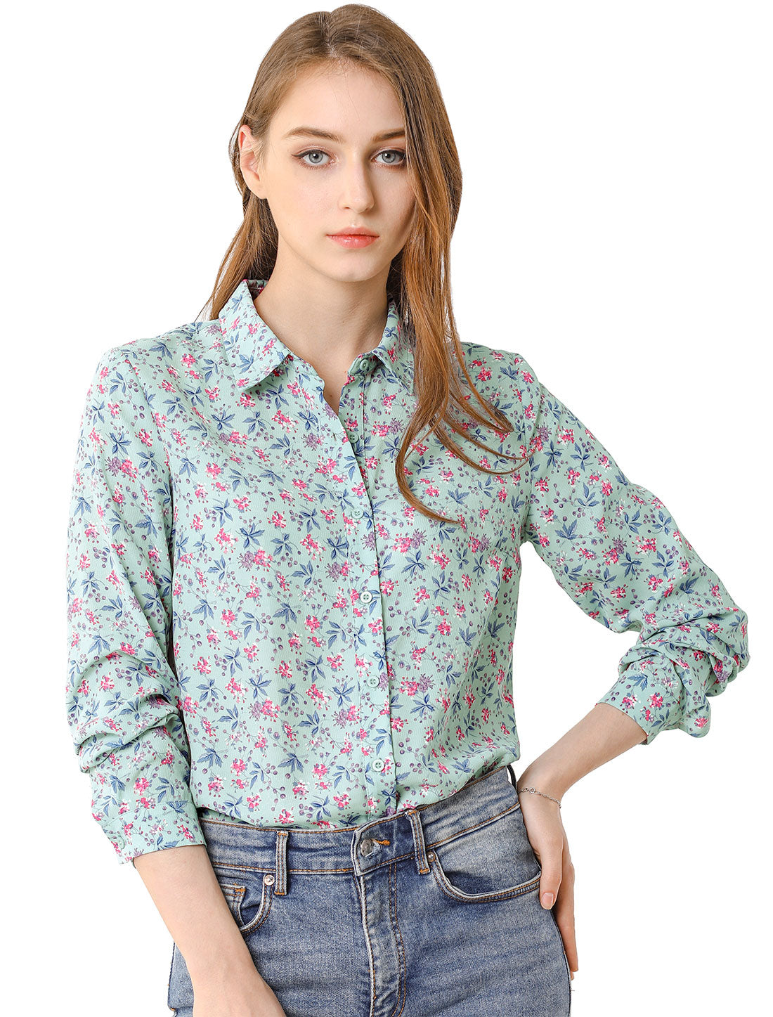 Button Down Floral Long Sleeve Point Collar Blouse
