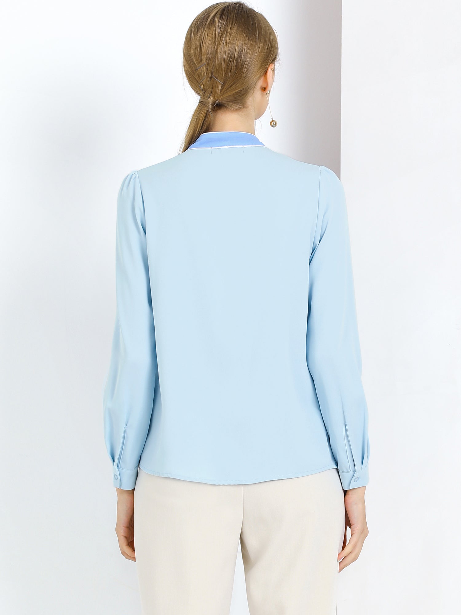 Tie Neck Contrast Color Button Down Long Sleeve Shirt
