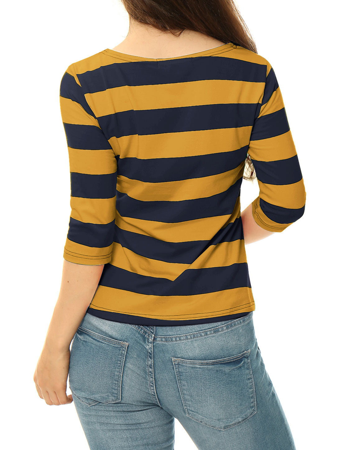 Striped 3/4 Sleeve Casual Basic Boat Neck T-shirt